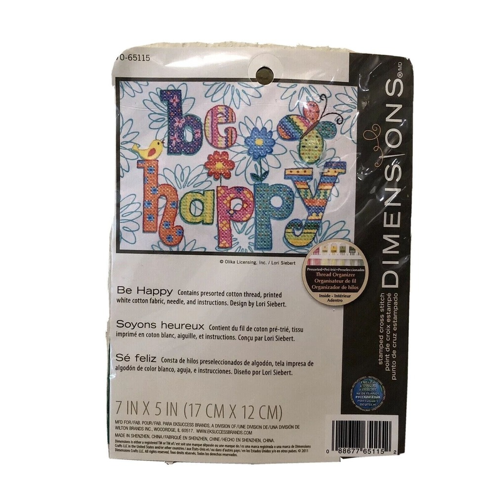 Dimensions Set Mini Stamped Cross Stitch 7" X 5" Be‎ Happy Kit 70-65115